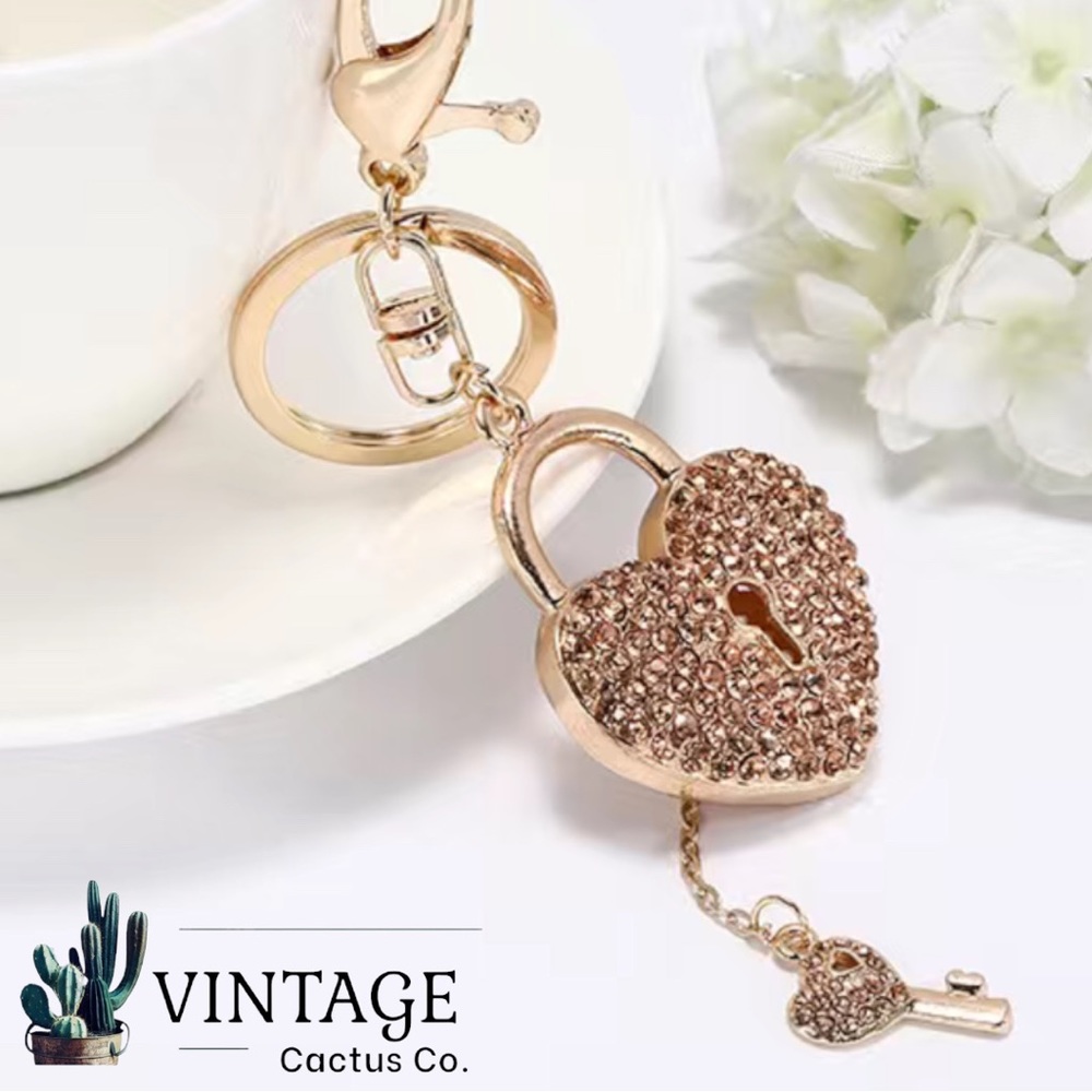 New! Rhinestone Heart Lock & Key Bag Charm/Keychain (Multicolor w/Gold Hardware